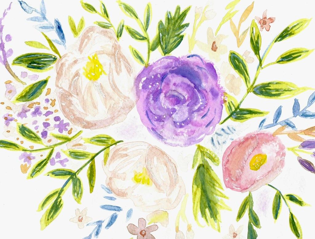 Watercolor Art - Flowers Purple and Beige 8X10
