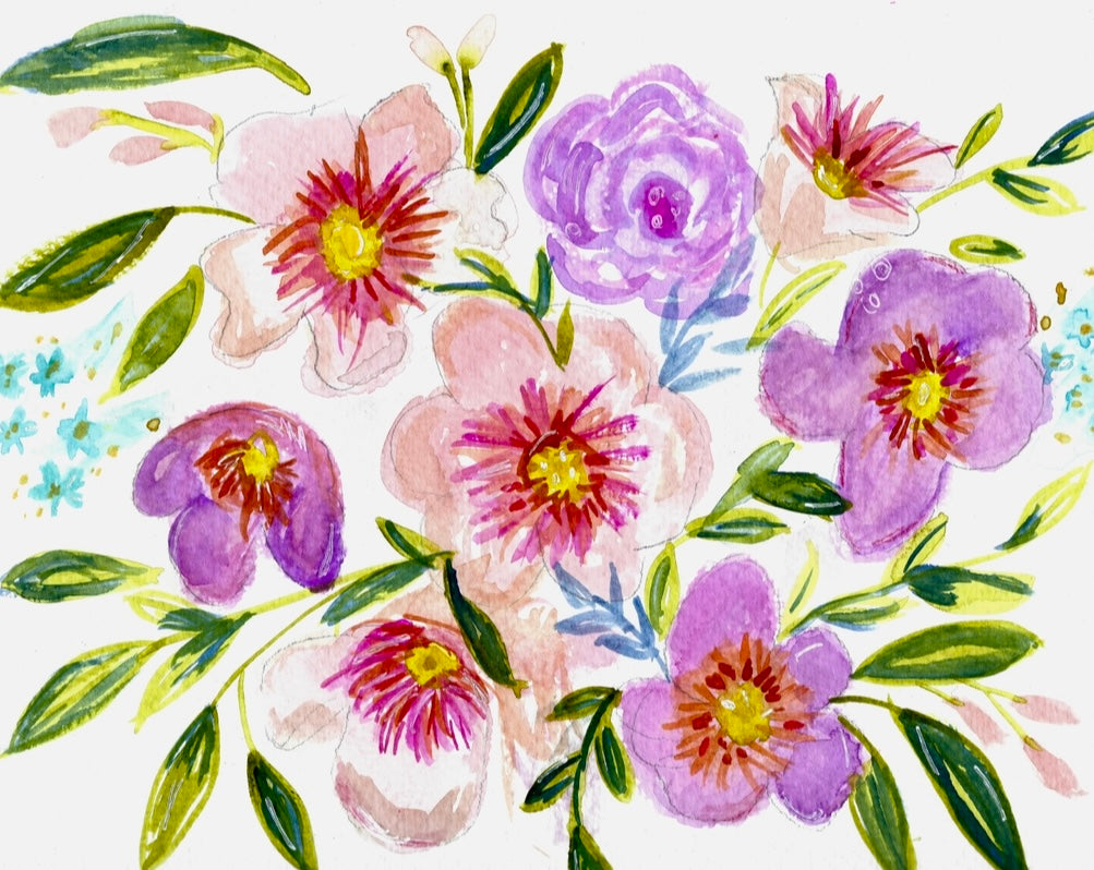 Watercolor Art - Flowers in Purple and Pink 8X10